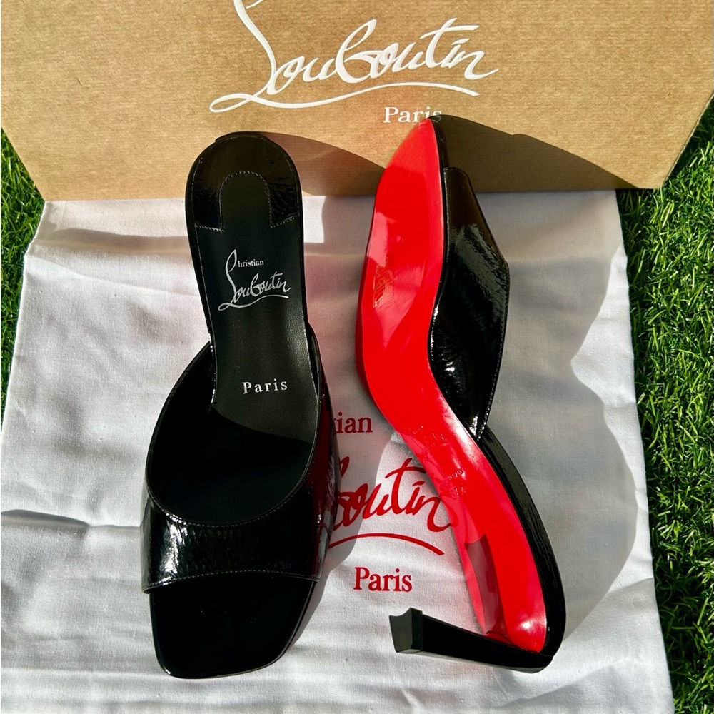 CHRISTIAN LOUBOUTIN CONDORA MULE 55 BLACK PAT. LEATHER SANDAL MID HEEL 37.5 NEW - Picture 13 of 16